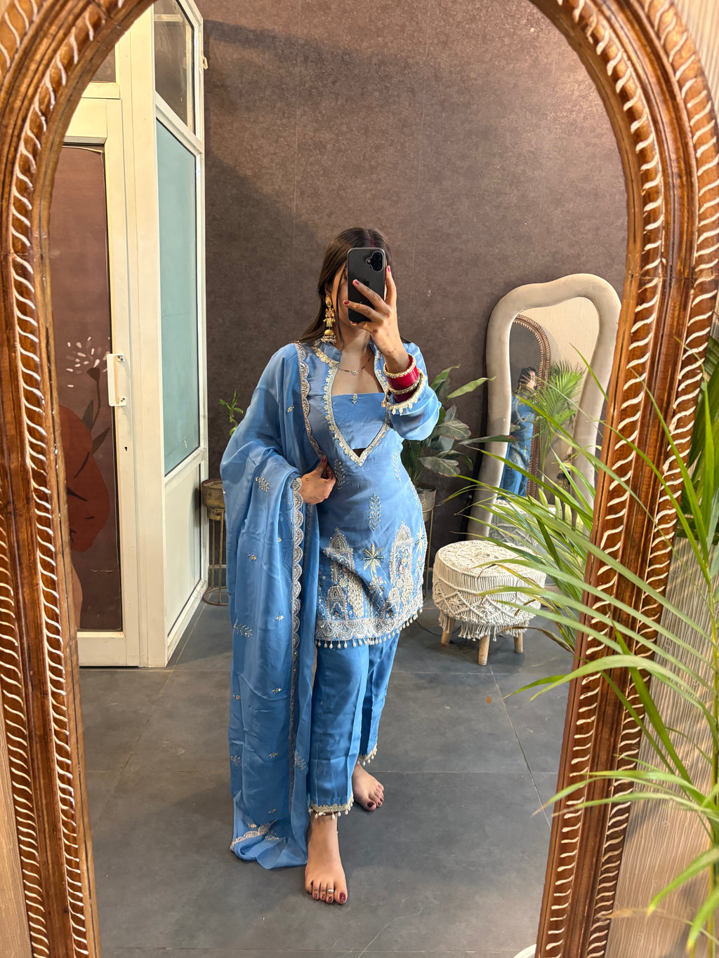 Sky Blue Organza Designer Cut Dana Suit Set