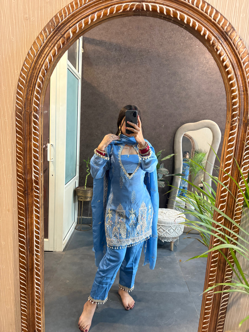 Sky Blue Organza Designer Cut Dana Suit Set