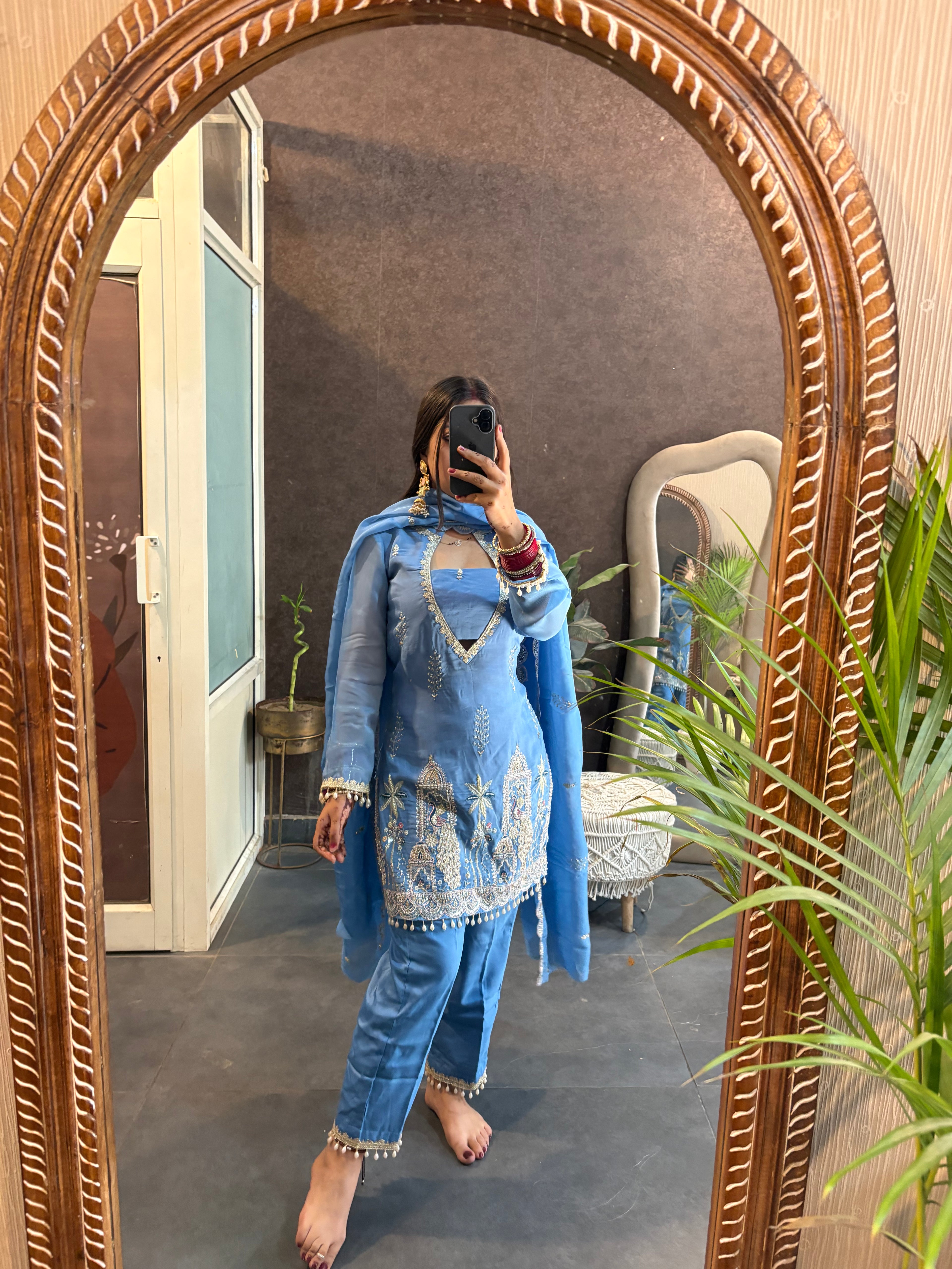 Sky Blue Organza Designer Cut Dana Suit Set