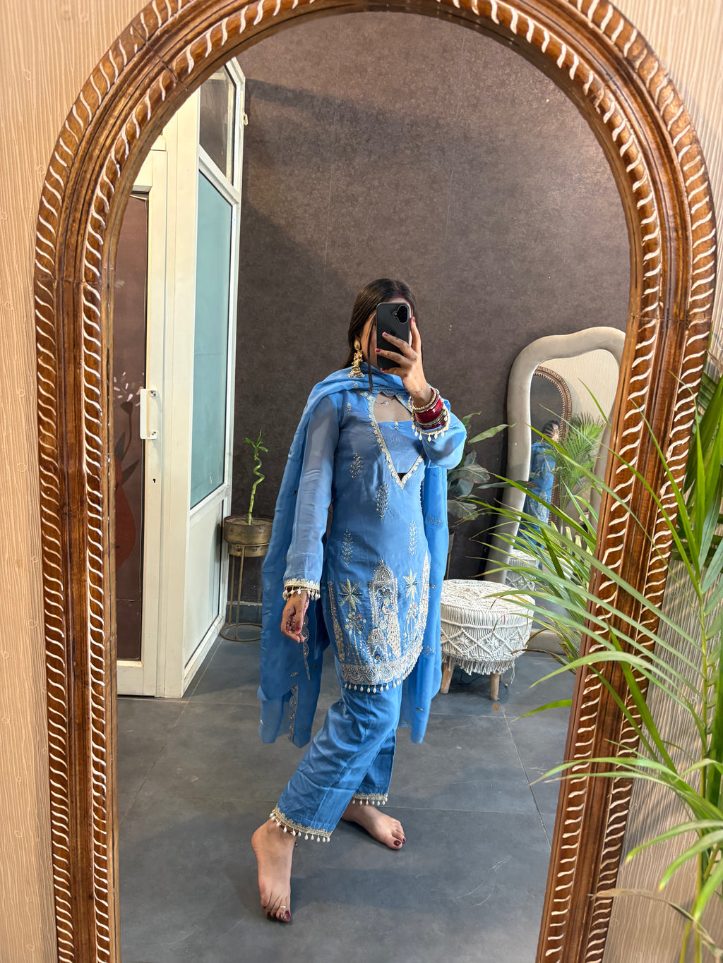 Sky Blue Organza Designer Cut Dana Suit Set