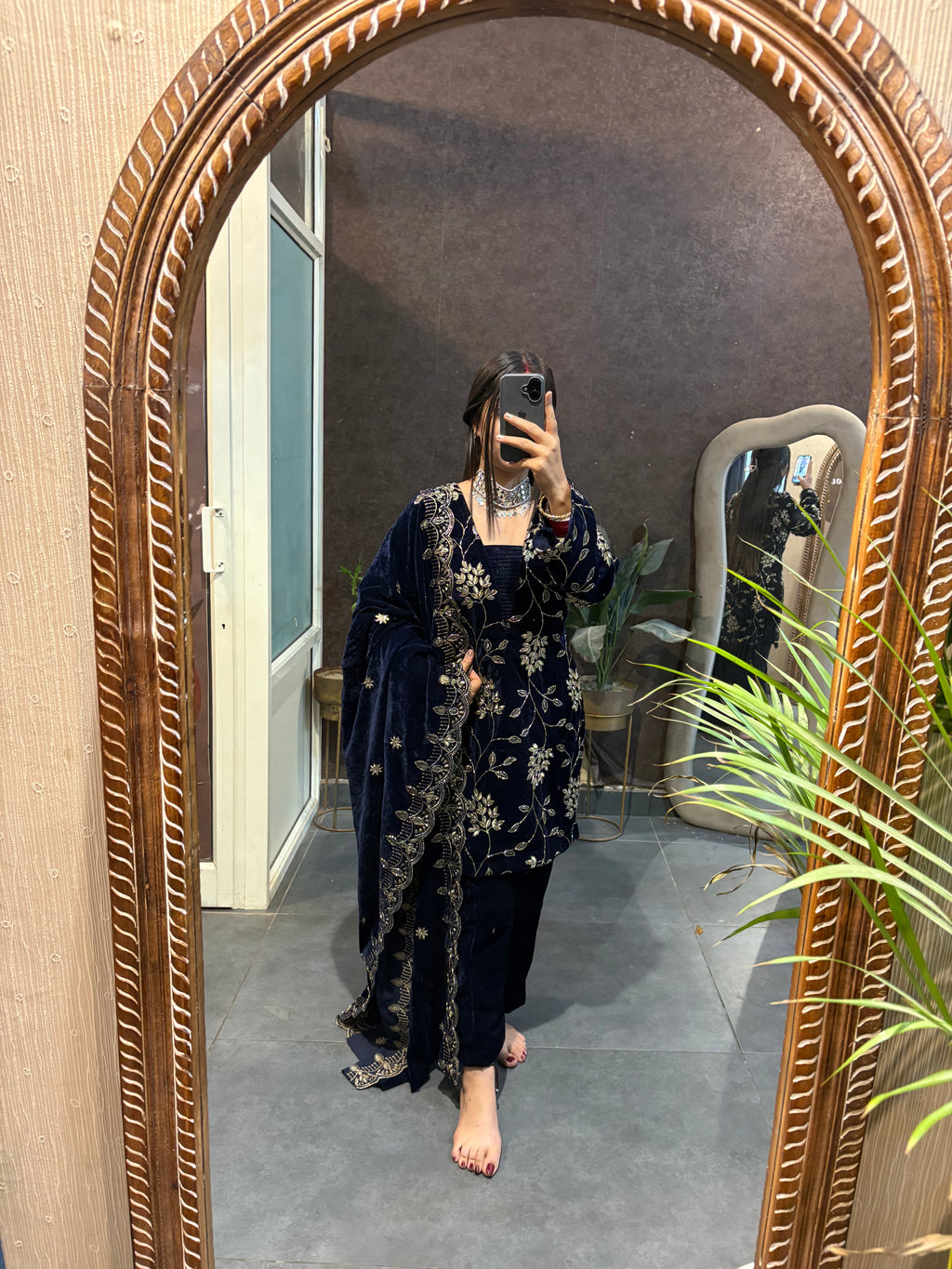 Navy Blue Velvet Cut Dana Embroidered Suit Set