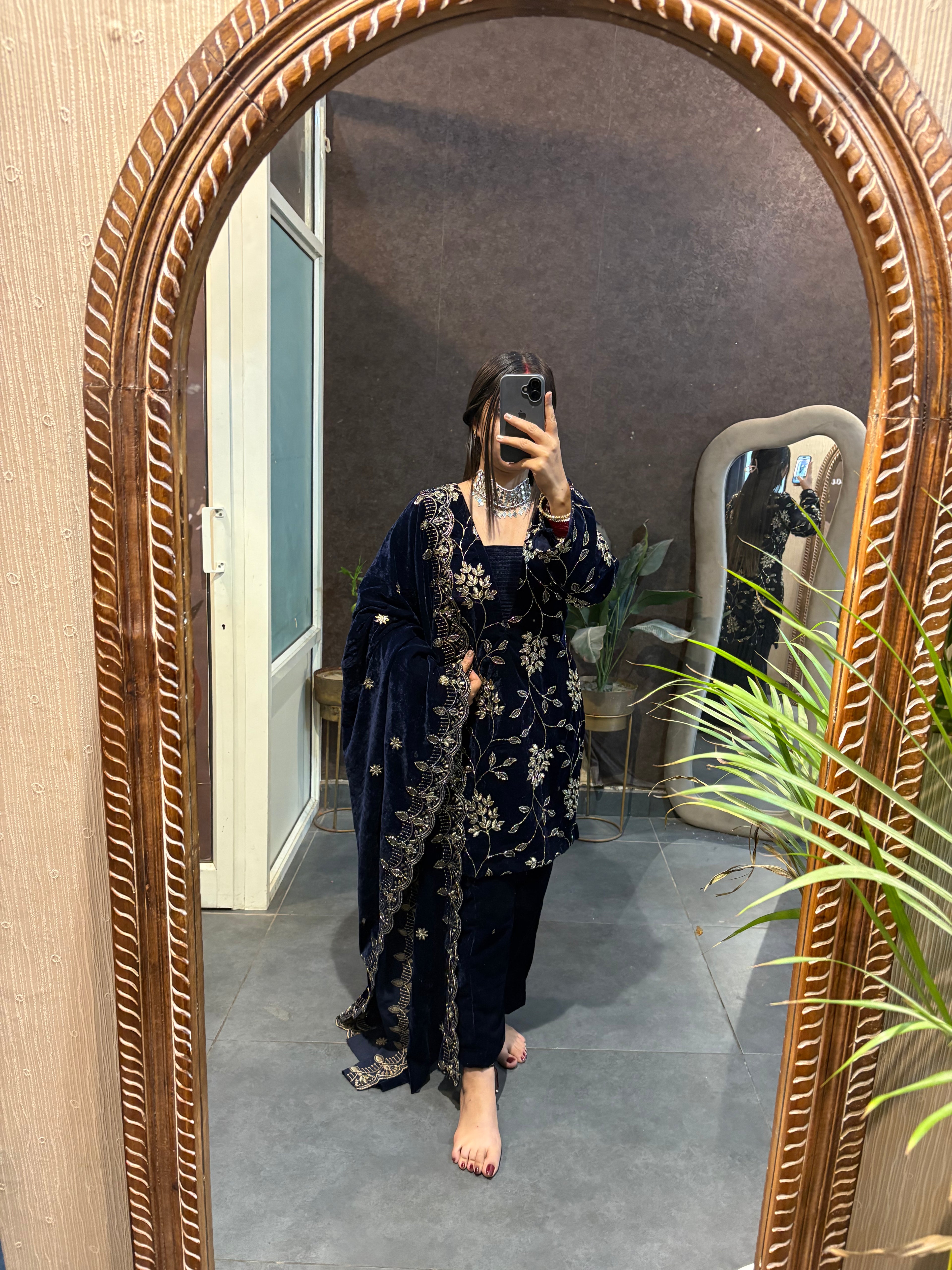 Navy Blue Velvet Cut Dana Embroidered Suit Set