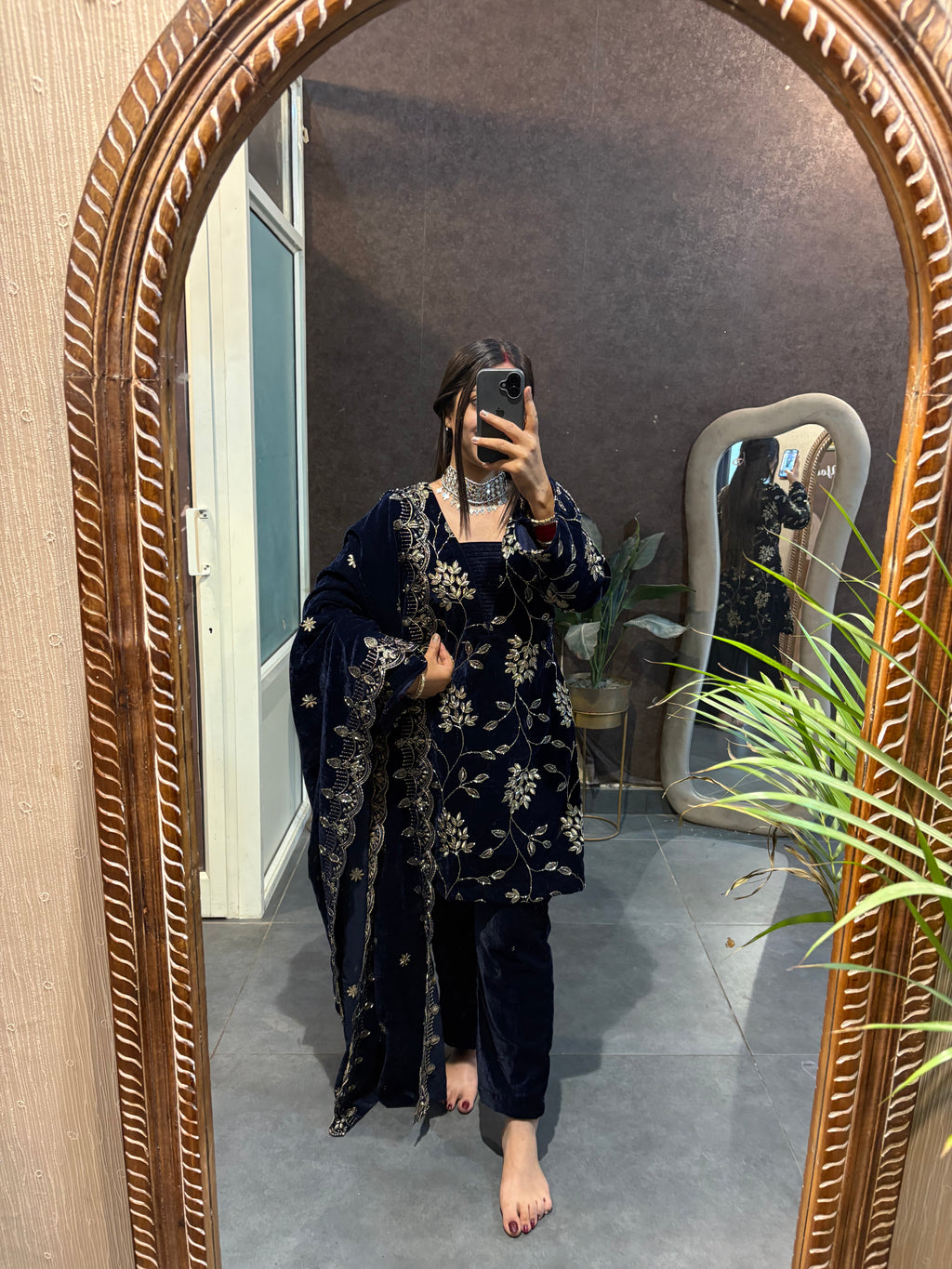 Navy Blue Velvet Cut Dana Embroidered Suit Set