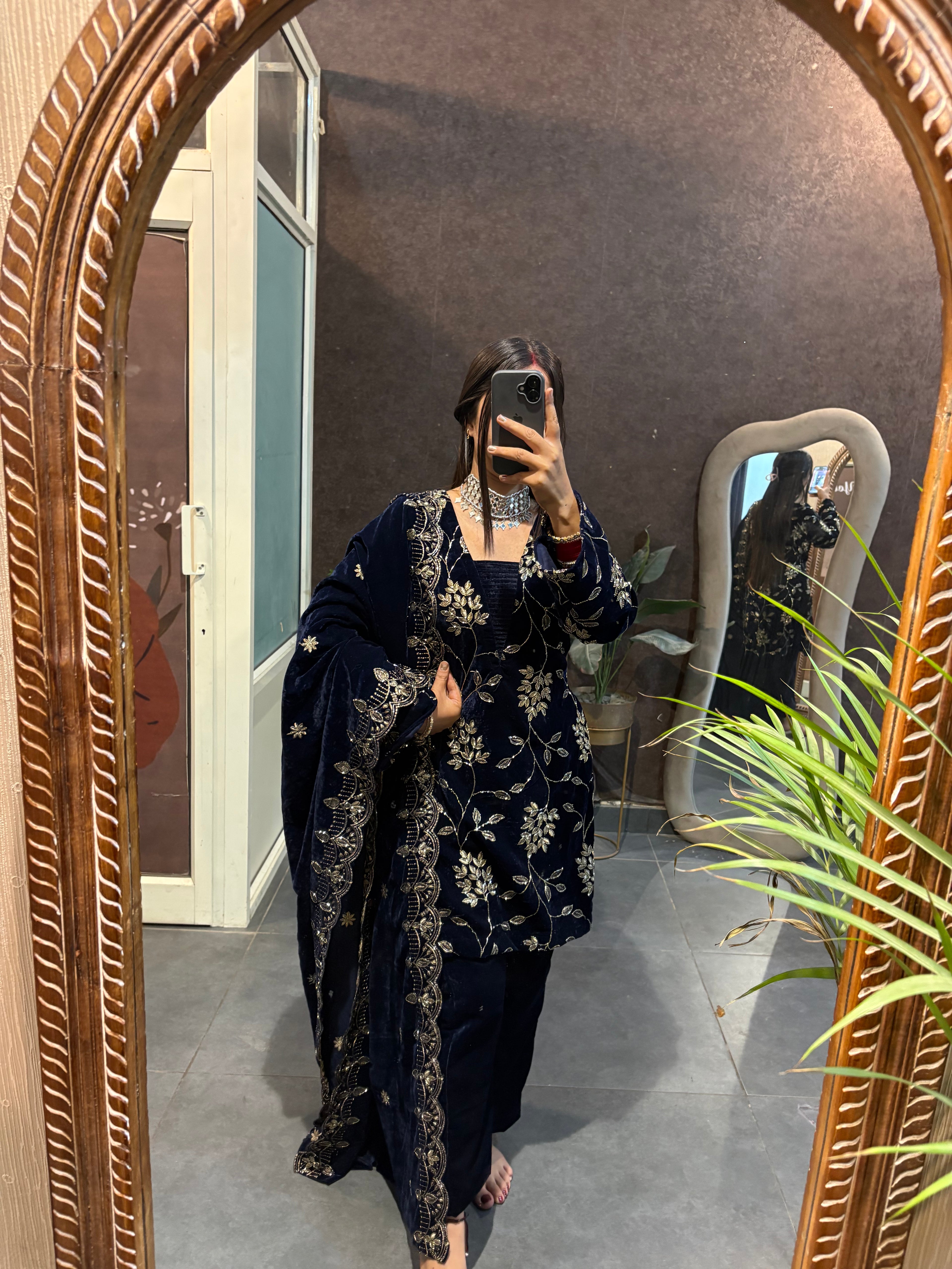 Navy Blue Velvet Cut Dana Embroidered Suit Set